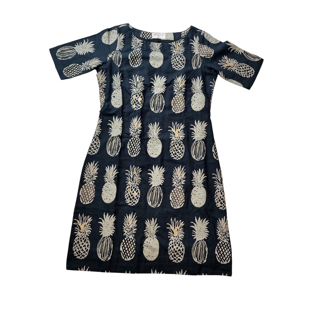 Bombay Paisley Navy Blue Pineapple Print Cotton Linen Shift Dress XS - Picture 8 of 8